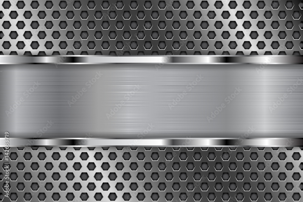 Metal perforated background with shiny chrome plate. Hexagon shaped ...