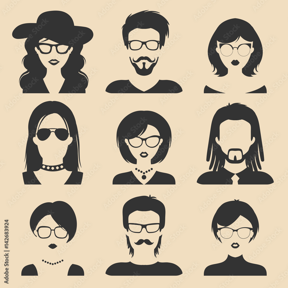 Vector set of different male and female icons in trendy flat style. People faces and heads images collection. Vector set of different male and female icons in trendy flat style. People faces and heads images collection.