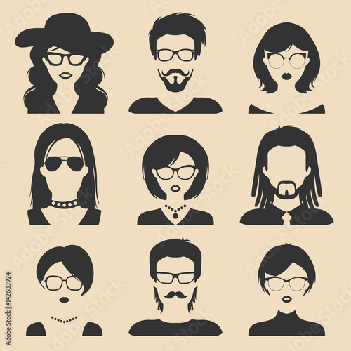 Vector set of different male and female icons in trendy flat style. People faces and heads images collection.