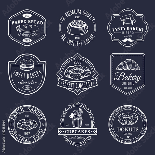 Vector set of vintage bakery logos. Retro emblems collection with sweet biscuit, cupcake etc. Hipster pastry icons.