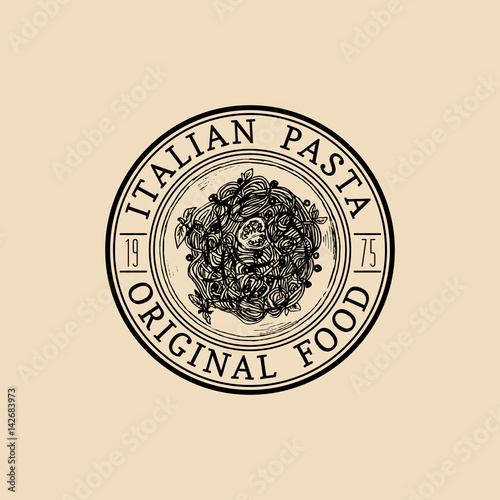 Vector vintage hipster italian food logo. Modern pasta sign or icon. Hand drawn mediterranean cuisine illustration.