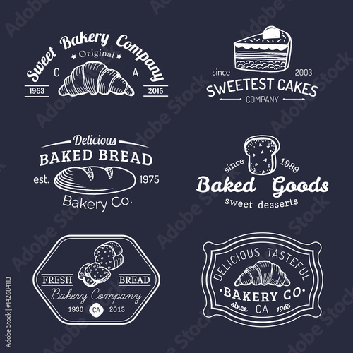 Vector set of vintage bakery logos. Retro emblems collection with sweet biscuit, cupcake etc. Hipster pastry icons.