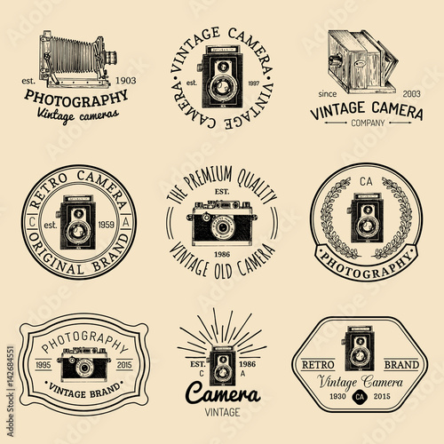 Vector set of old cameras logos. Vintage photo studio, salon signs, labels or badges.