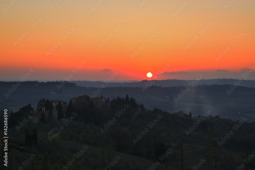 tramonto nella campagna toscana di San Casciano Val di Pesa, Firenze
