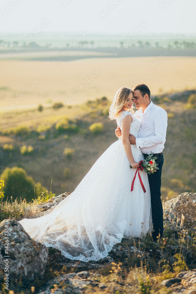 stylish gorgeous couple newlyweds standing on the rocks in the mountains