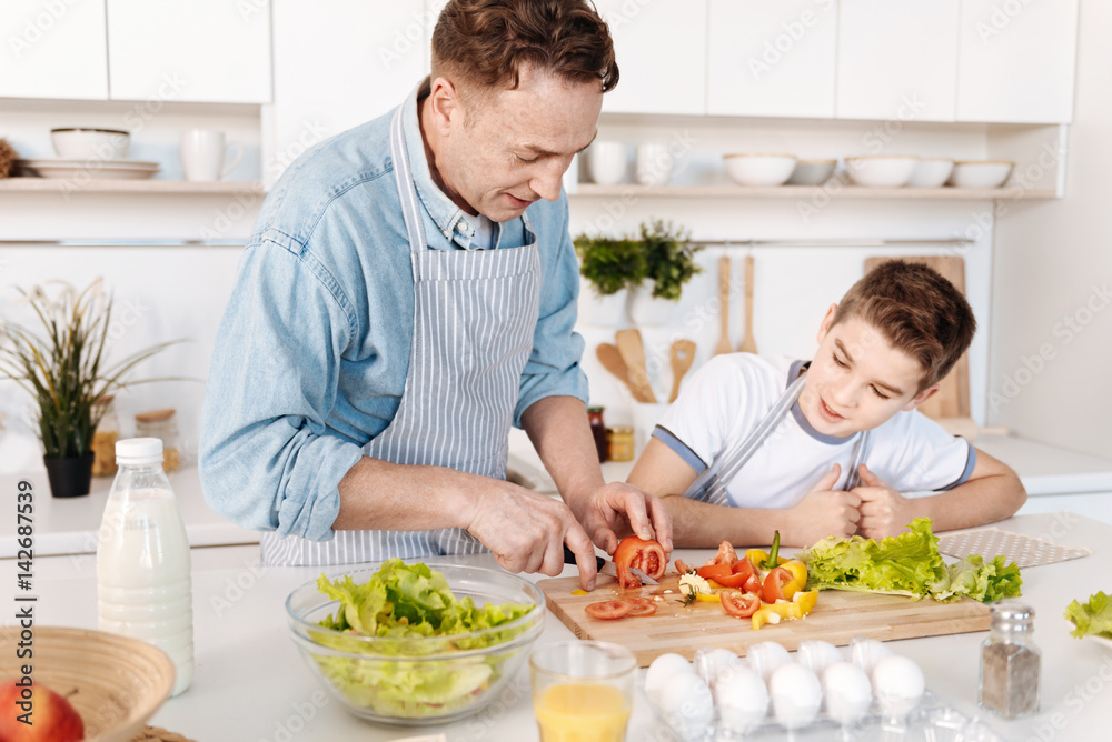 Pleasant father cooking with his son