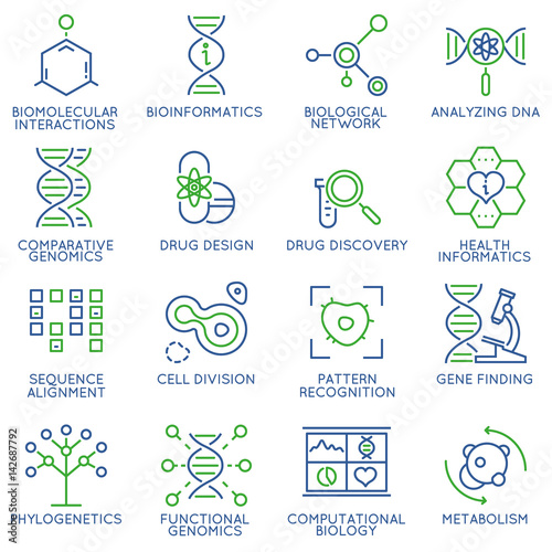 Vector set of 16 linear thin icons related to bioinformatics and bioengineering. Mono line pictograms and infographics design elements