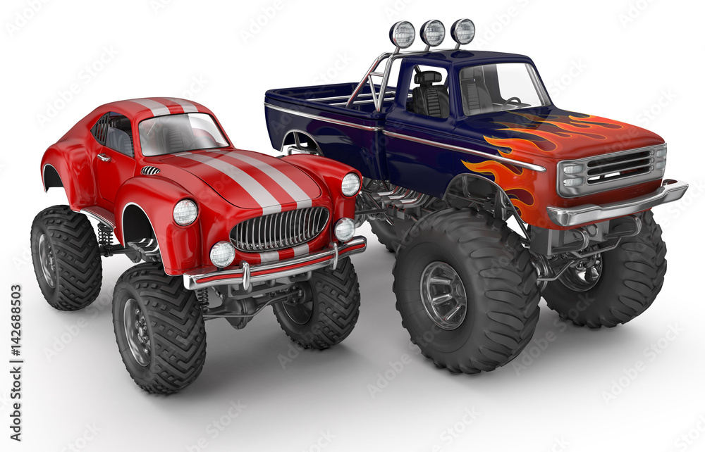 Two sport utility vehicles on large wheels for dirt driving. 3d image. Isolated on white. Two sport utility vehicles on large wheels for dirt driving. 3d image. Isolated on white.