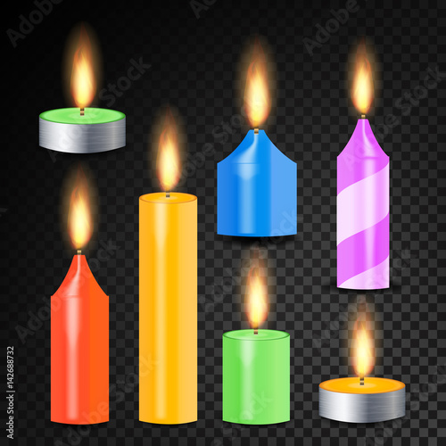 Burning 3D Realistic Dinner Candles Vector. Decorative Aromatic Tealight Candles Set. Isolated Tea Candle Sticks With Burning Flames On Transparent Background. Holiday Decoration Color Element
