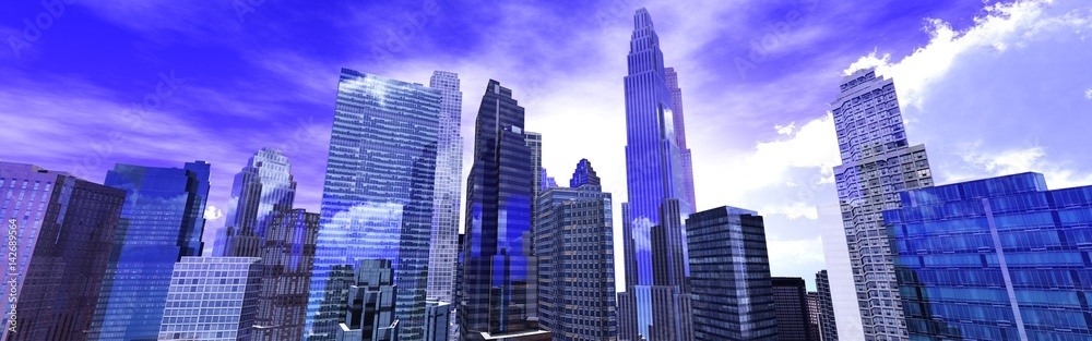 Nice view of the skyscrapers against the sky with clouds, 3d rendering
