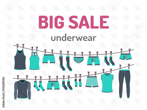 Banner sale underwear with great discounts in vector, flat style. Flyer design for shop men underwear
