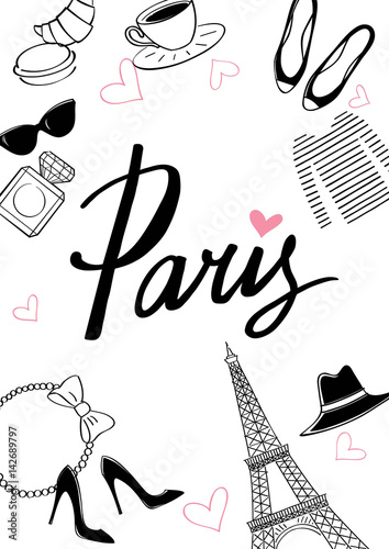 Bicycle_paris7 Paris. Vector hand drawn illustration with Eiffel tower. Fashionable accessories.
