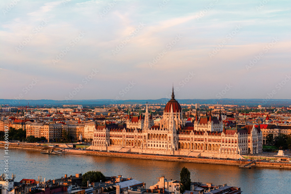 Budapest hungarian parliament at sunset