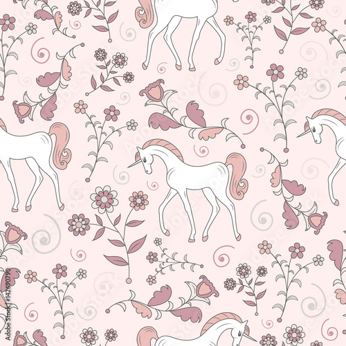 Floral seamless texture with unicorns