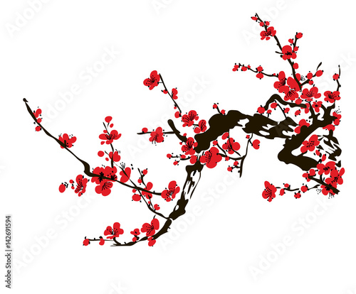 Realistic Sakura Blossom - Japanese Cherry Tree. Plum Bloom Branch. Vector