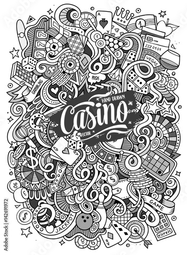 Cartoon hand-drawn doodles casino, gambling illustration