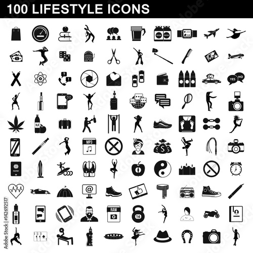 100 lifestyle icons set, simple style