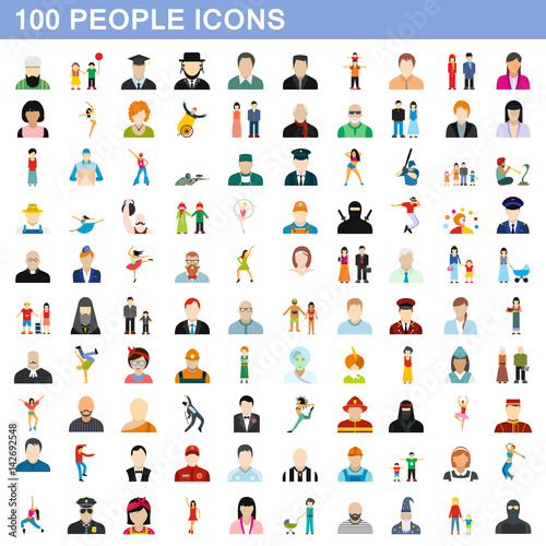 100 people icons set, flat style
