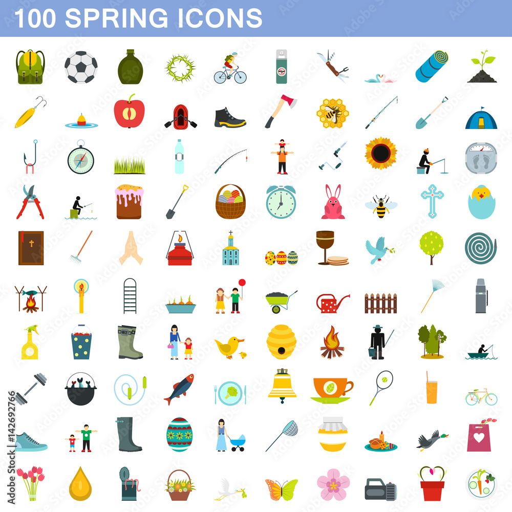 100 spring icons set, flat style 100 spring icons set, flat style