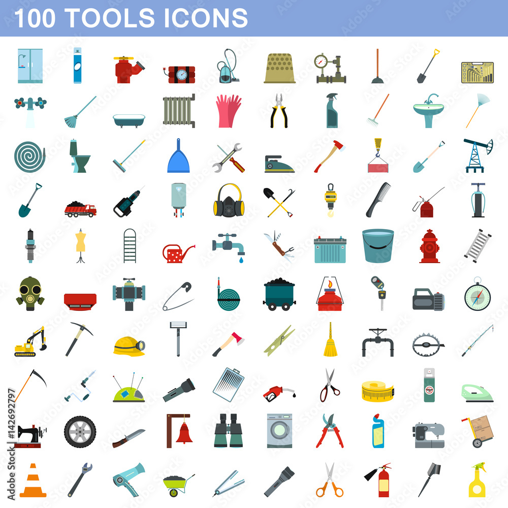 100 tools icons set, flat style 100 tools icons set, flat style