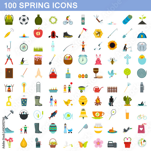 100 spring icons set, flat style