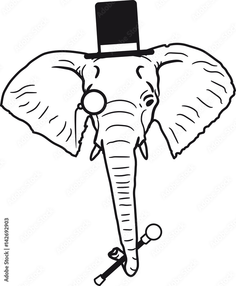 sir herr gentlemen zylinder hut monokel brille elefant kopf gesicht gemalt
