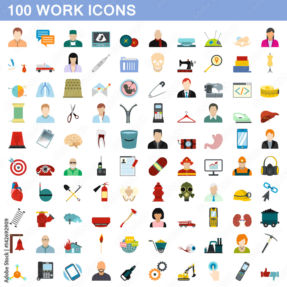 100 work icons set, flat style