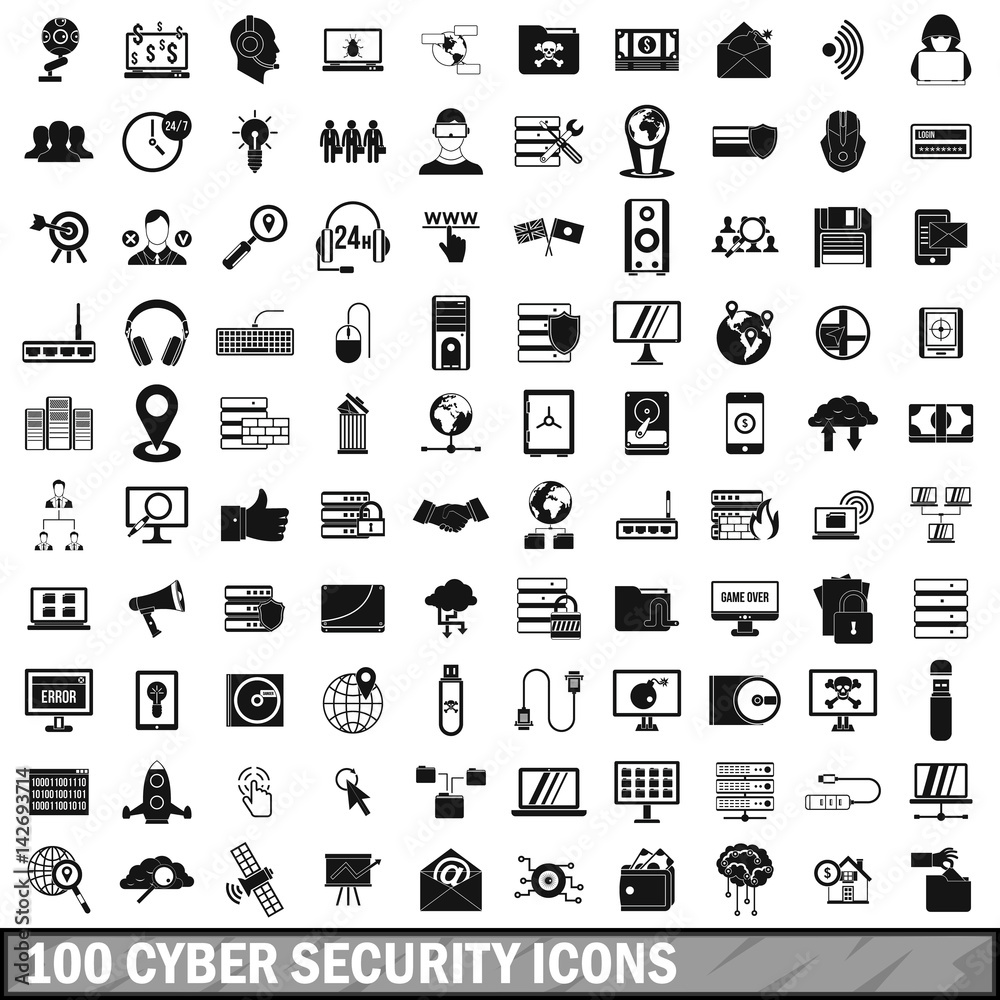 100 cyber security icons set, simple style 