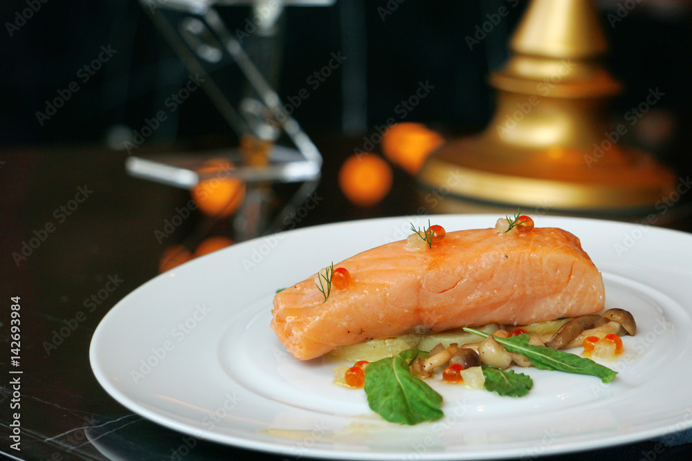 Slow Cooked Salmon fillet steak with salad and roe salmon on white plate,  Sous-Vide Cooking Salmon Fish. Stock Photo | Adobe Stock