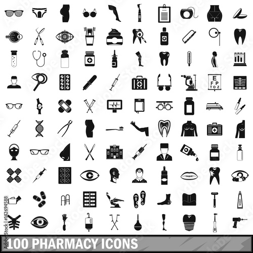 100 pharmacy icons set, simple style 