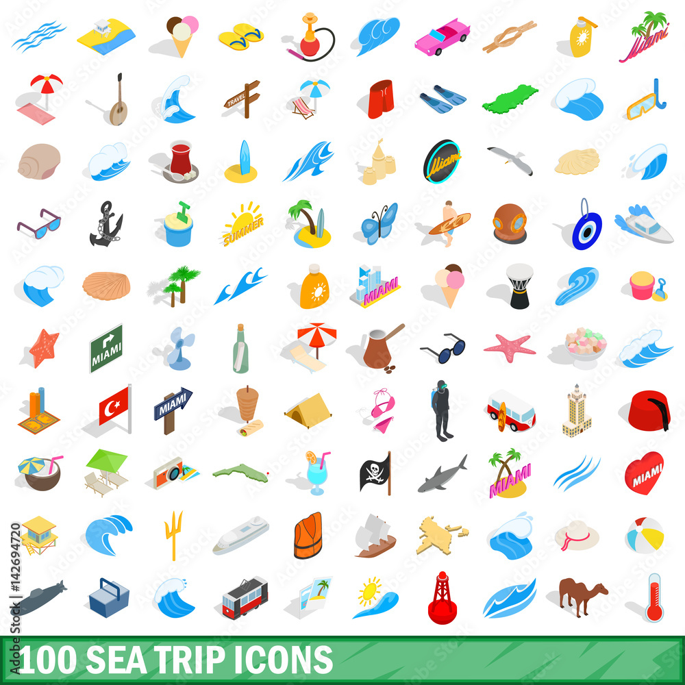 100 sea trip icons set, isometric 3d style