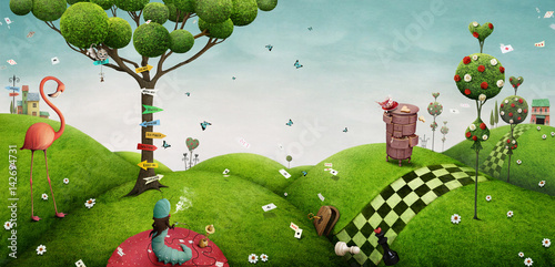 Fabulous bright background with fantasy elements for wall or poster or illustration Wonderland. 