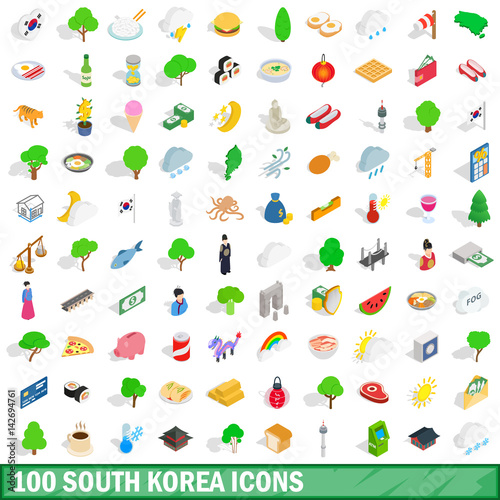 100 south korea icons set, isometric 3d style