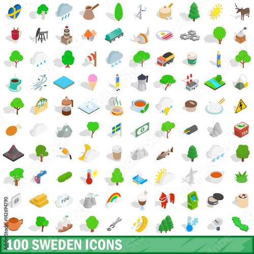 100 sweden icons set, isometric 3d style