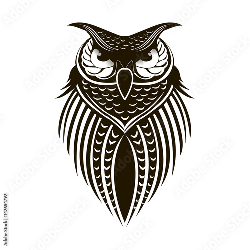 Black painted owl on white background, tattoo