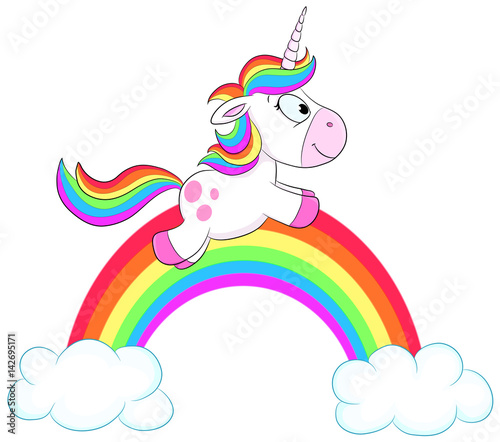 Niedliches Einhorn vor Regenbogen Vektor-Illustration