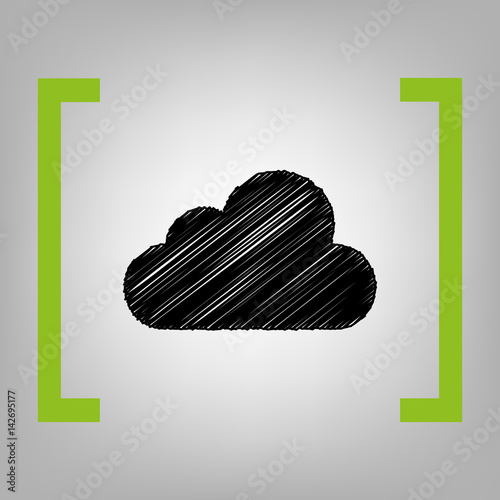 Cloud sign illustration. Vector. Black scribble icon in citron brackets on grayish background.