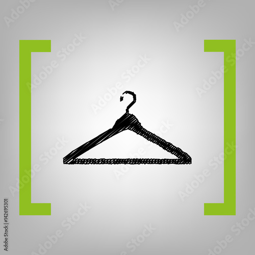 Hanger sign illustration. Vector. Black scribble icon in citron brackets on grayish background.