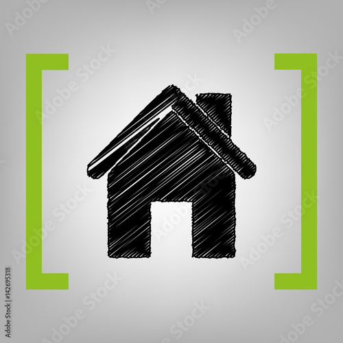 Home silhouette illustration. Vector. Black scribble icon in citron brackets on grayish background.