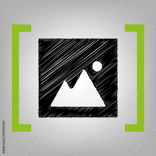 Image sign illustration. Vector. Black scribble icon in citron brackets on grayish background.