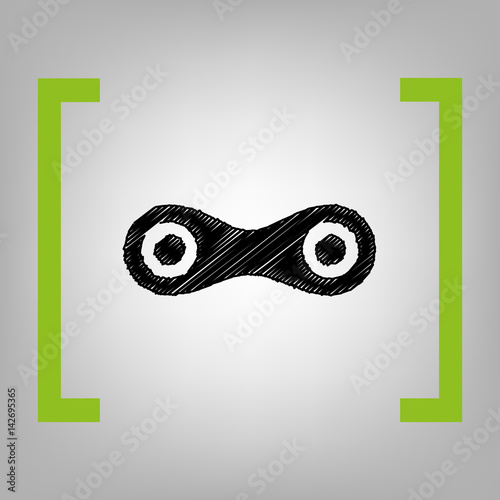 Link sign illustration. Vector. Black scribble icon in citron brackets on grayish background.