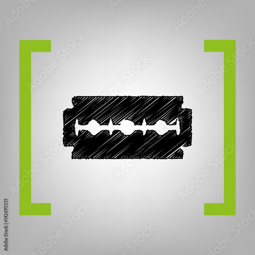 Razor blade sign. Vector. Black scribble icon in citron brackets on grayish background.