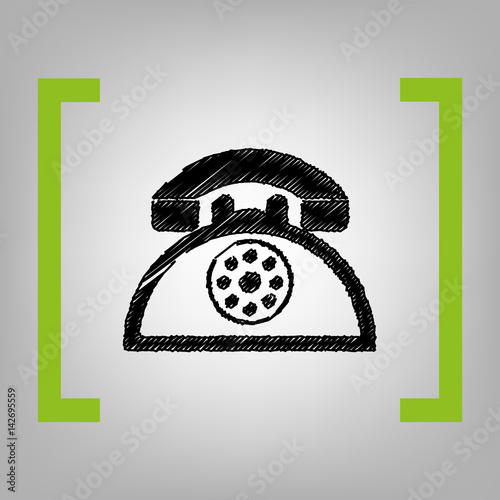 Retro telephone sign. Vector. Black scribble icon in citron brackets on grayish background.