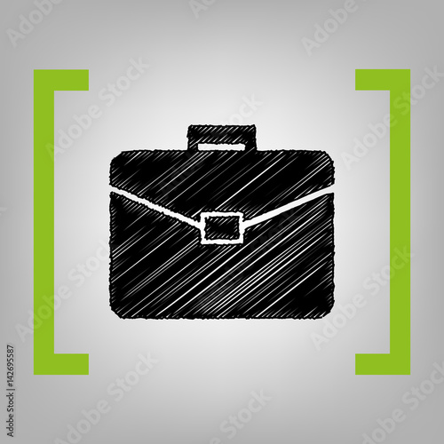 Briefcase sign illustration. Vector. Black scribble icon in citron brackets on grayish background.