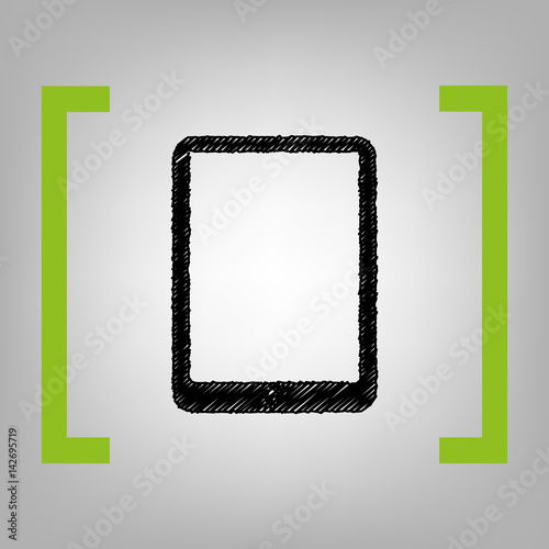 Computer tablet sign. Vector. Black scribble icon in citron brackets on grayish background.