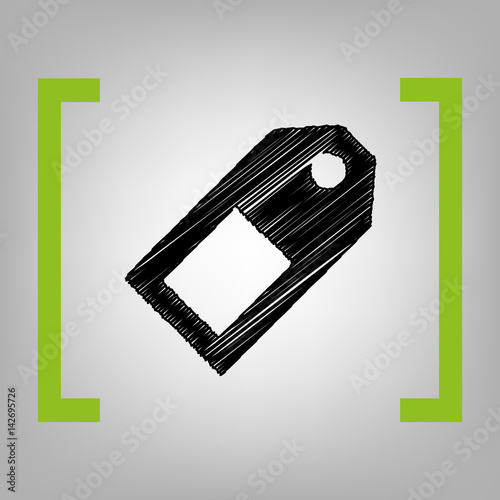Price tag sign. Vector. Black scribble icon in citron brackets on grayish background.