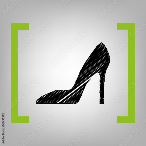 Woman shoe sign. Vector. Black scribble icon in citron brackets on grayish background.