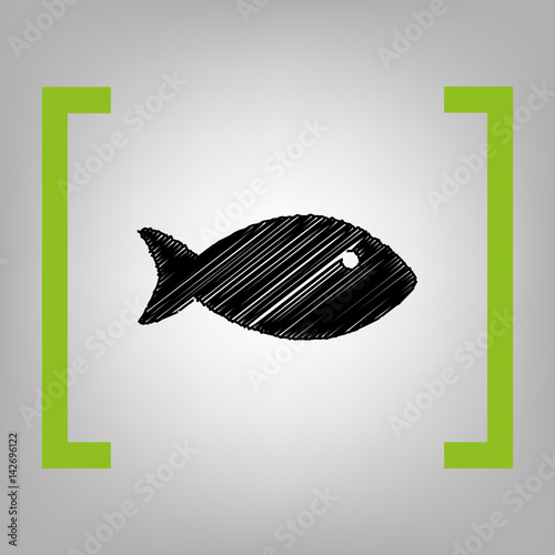 Fish sign illustration. Vector. Black scribble icon in citron brackets on grayish background.