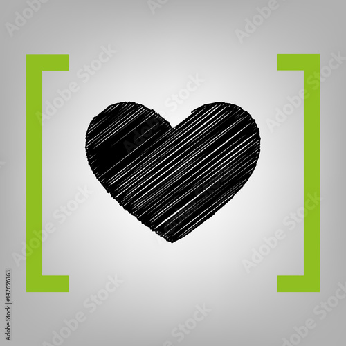 Tie sign. Vector. Black scribble icon in citron brackets on grayish background.