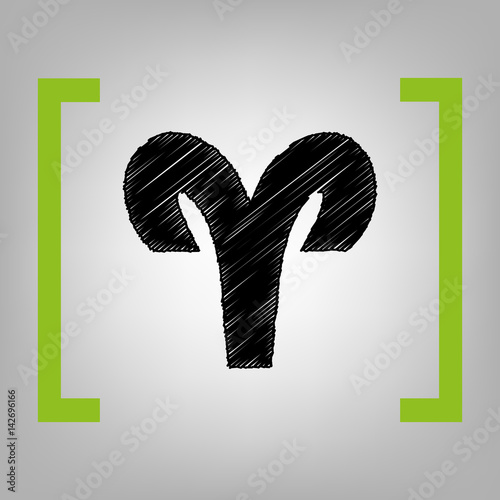 Aries sign illustration. Vector. Black scribble icon in citron brackets on grayish background.